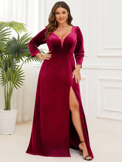 Elegant Shimmering A-Line Long Sleeve Deep V-Neck Evening Gown