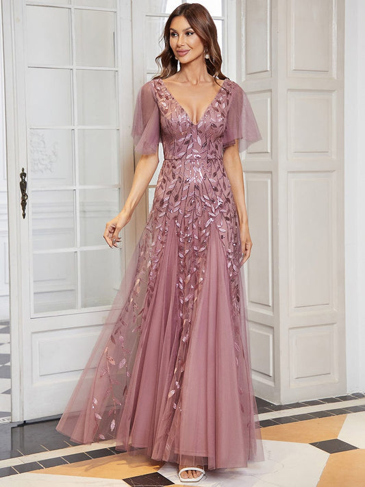 Elegant Shimmery V Neck Evening Gown with Ruffle Sleeves
