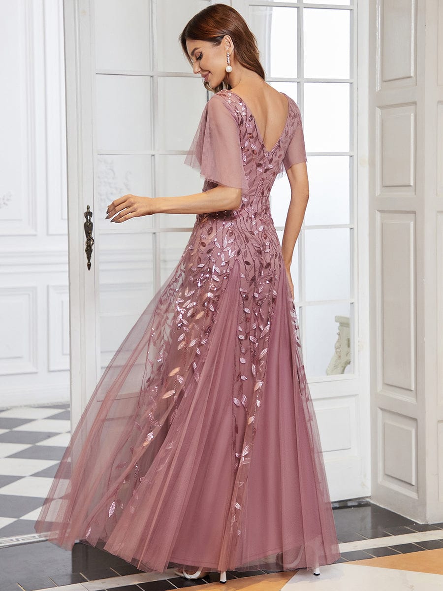 Elegant Shimmery V Neck Evening Gown with Ruffle Sleeves