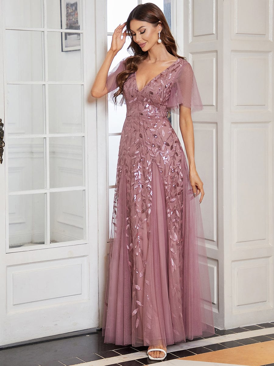 Elegant Shimmery V Neck Evening Gown with Ruffle Sleeves