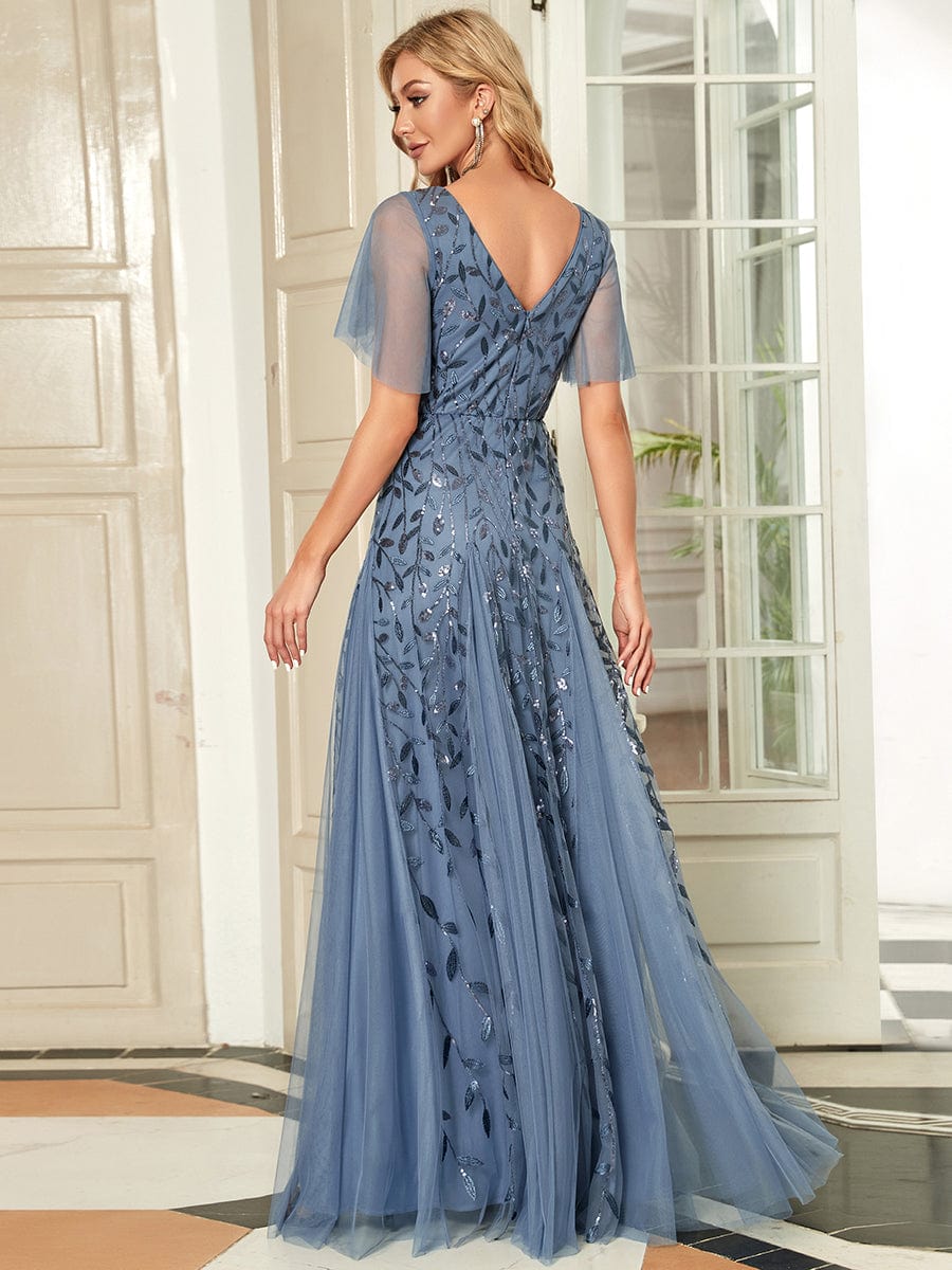 Elegant Shimmery V Neck Evening Gown with Ruffle Sleeves