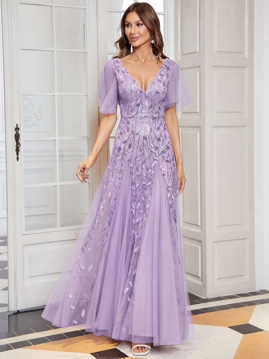 Elegant Shimmery V Neck Evening Gown with Ruffle Sleeves