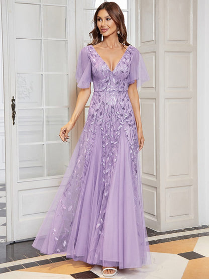 Elegant Shimmery V Neck Evening Gown with Ruffle Sleeves