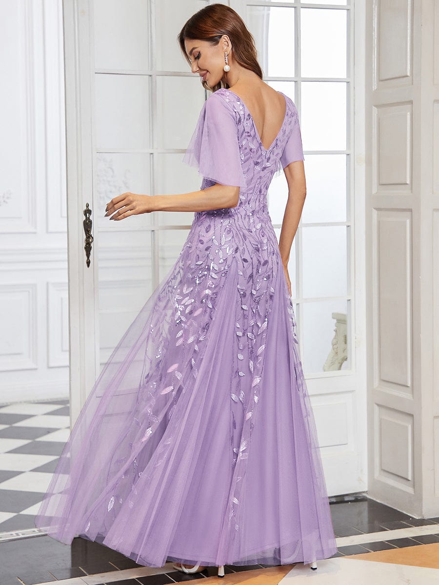 Elegant Shimmery V Neck Evening Gown with Ruffle Sleeves