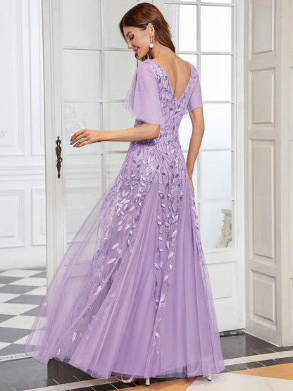 Elegant Shimmery V Neck Evening Gown with Ruffle Sleeves