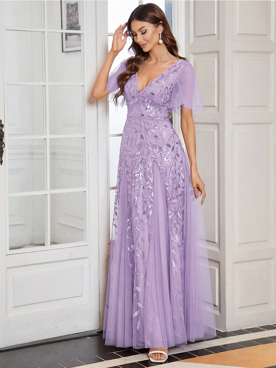 Elegant Shimmery V Neck Evening Gown with Ruffle Sleeves