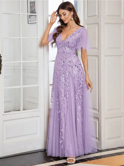Elegant Shimmery V Neck Evening Gown with Ruffle Sleeves