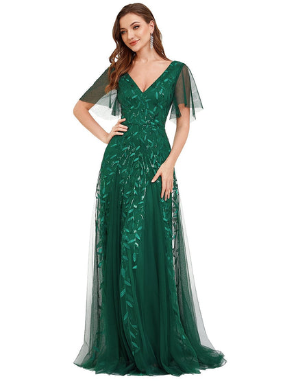 Elegant Shimmery V Neck Evening Gown with Ruffle Sleeves