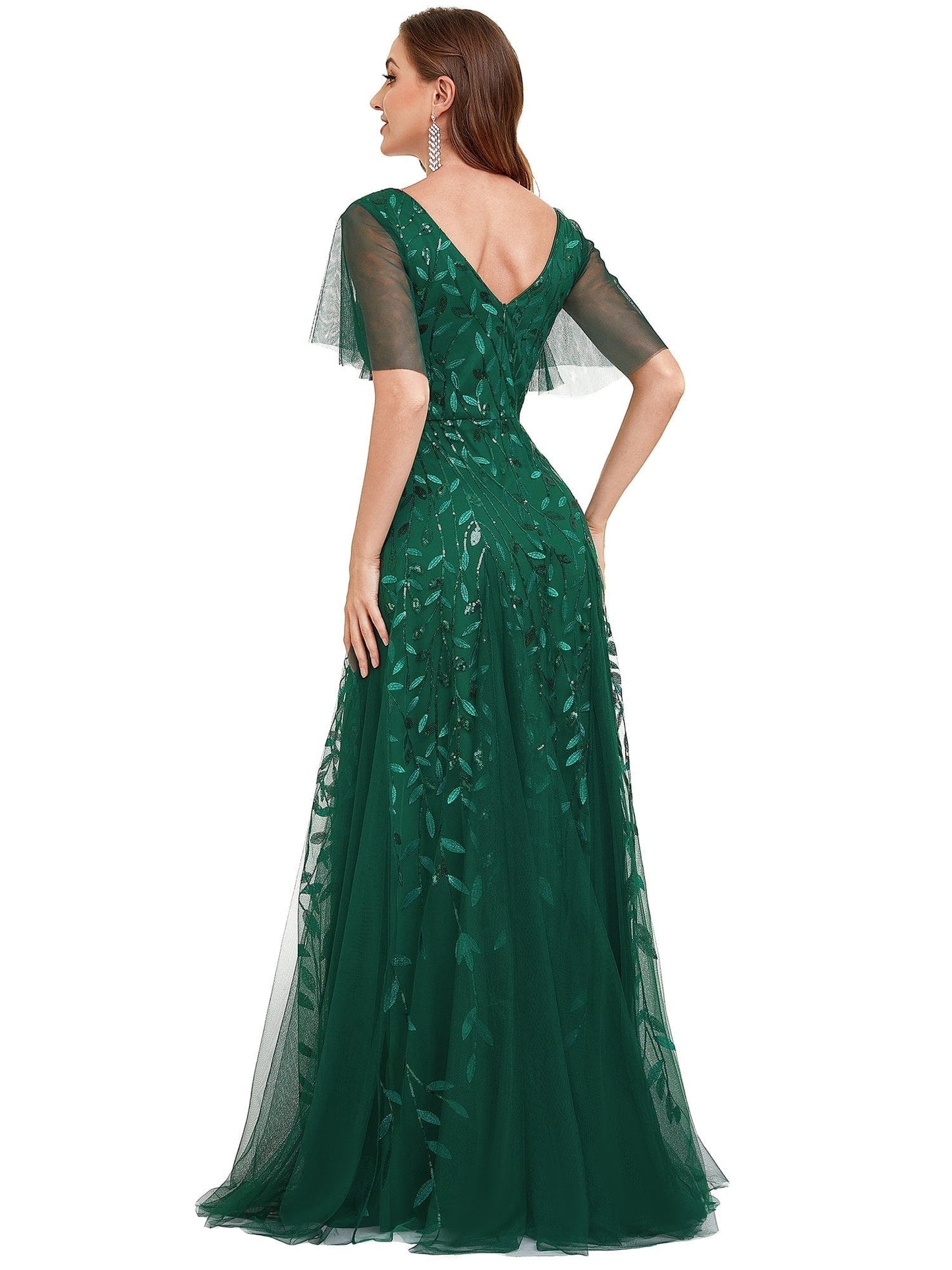 Elegant Shimmery V Neck Evening Gown with Ruffle Sleeves