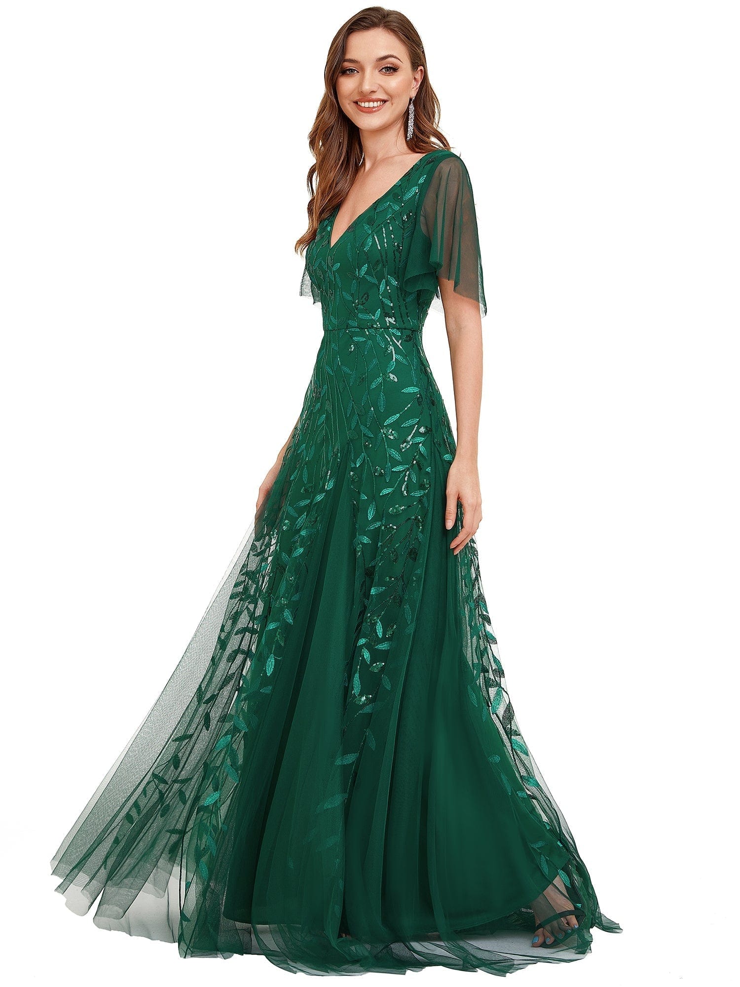 Elegant Shimmery V Neck Evening Gown with Ruffle Sleeves