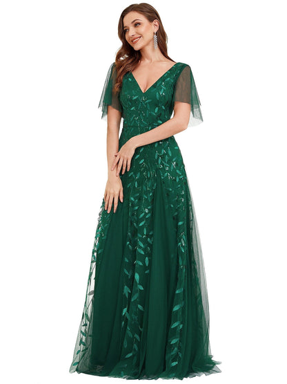 Elegant Shimmery V Neck Evening Gown with Ruffle Sleeves