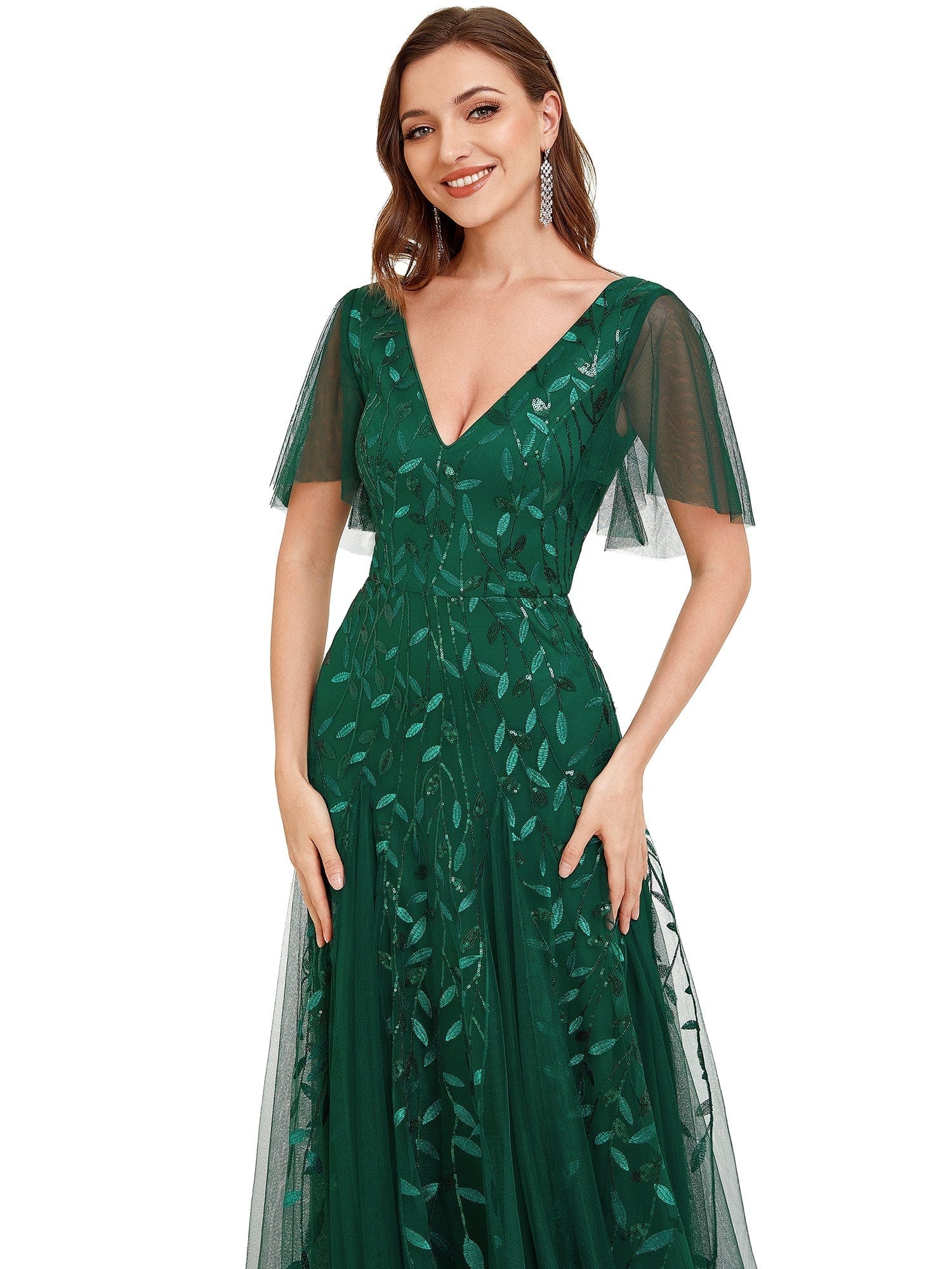 Elegant Shimmery V Neck Evening Gown with Ruffle Sleeves