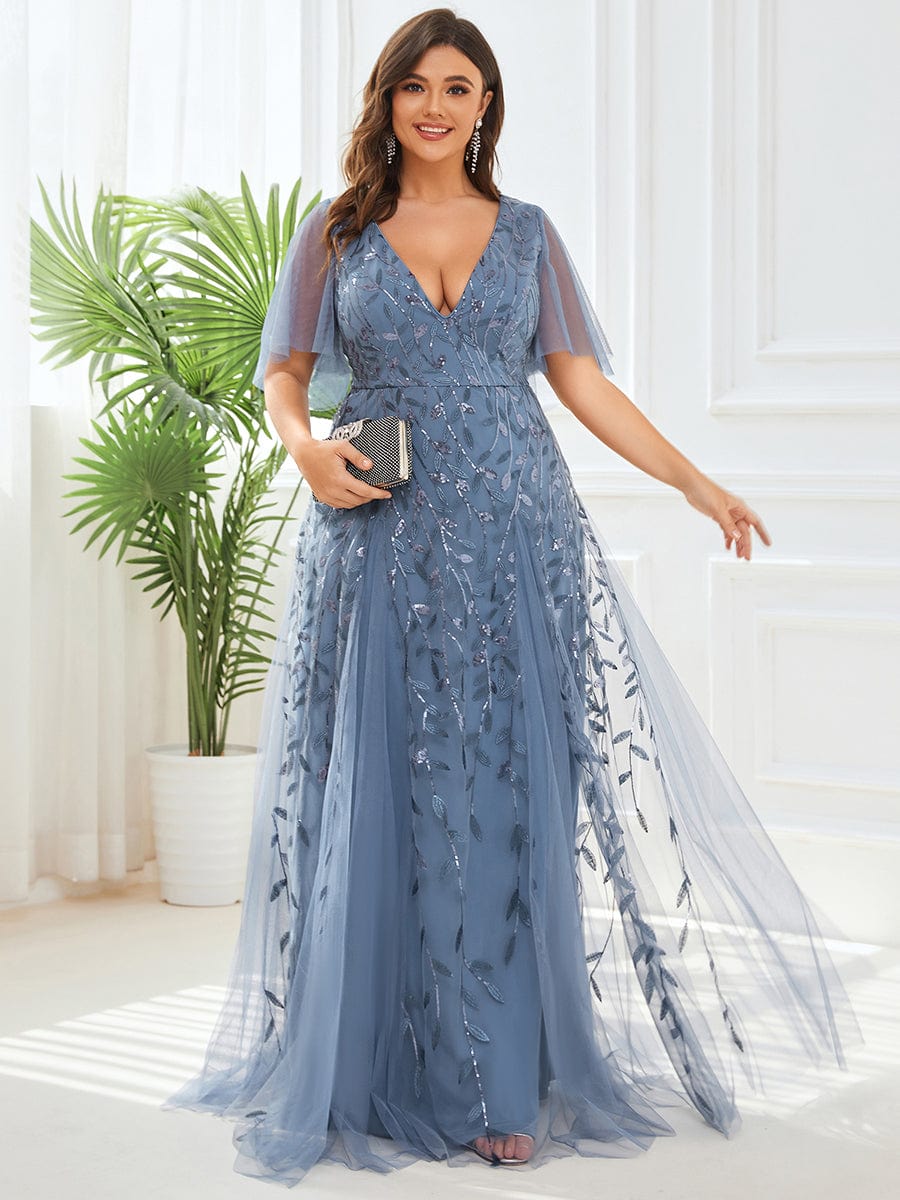 Elegant Shimmery V Neck Evening Gown with Ruffle Sleeves