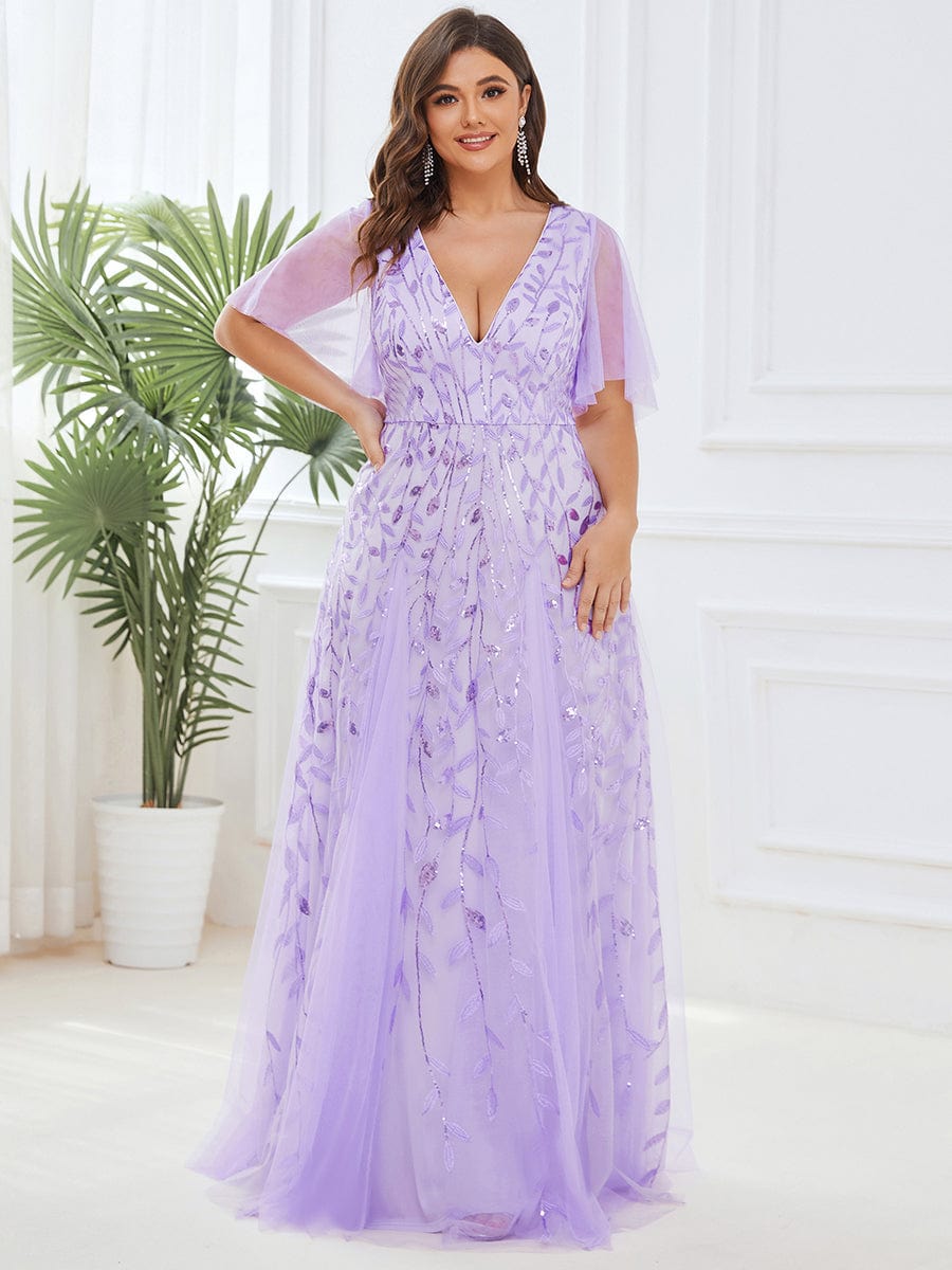 Elegant Shimmery V Neck Evening Gown with Ruffle Sleeves