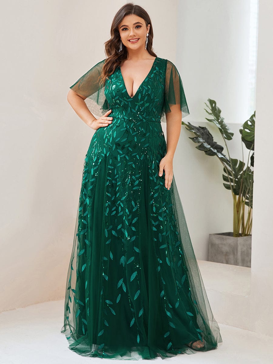 Elegant Shimmery V Neck Evening Gown with Ruffle Sleeves