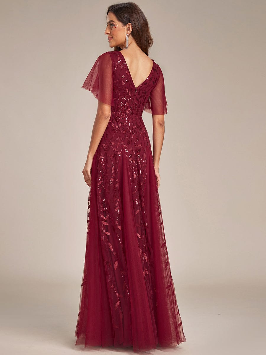 Elegant Shimmery V Neck Evening Gown with Ruffle Sleeves