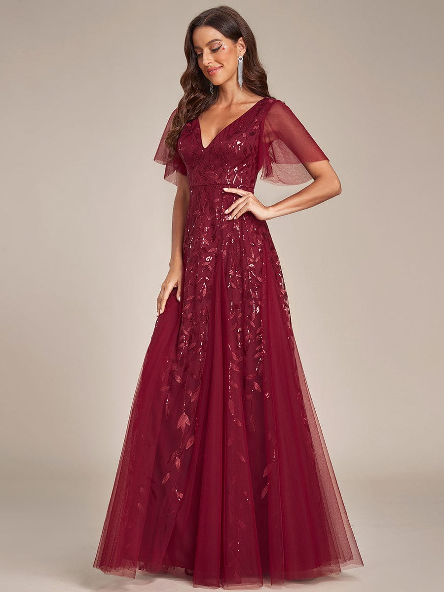 Elegant Shimmery V Neck Evening Gown with Ruffle Sleeves