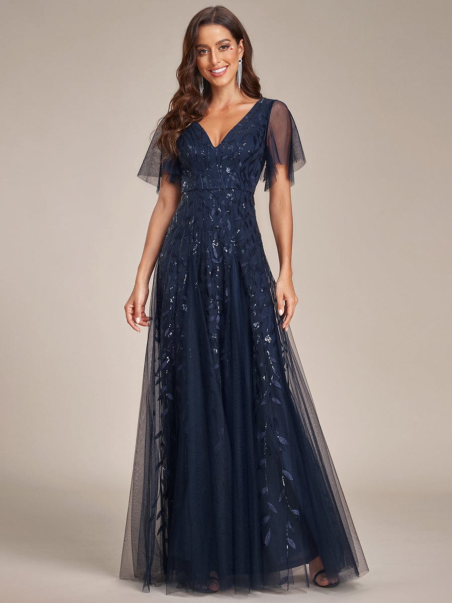 Elegant Shimmery V Neck Evening Gown with Ruffle Sleeves
