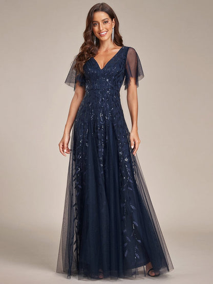 Elegant Shimmery V Neck Evening Gown with Ruffle Sleeves