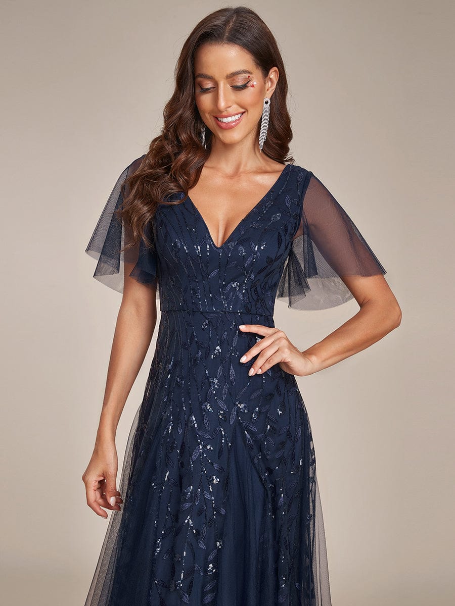 Elegant Shimmery V Neck Evening Gown with Ruffle Sleeves