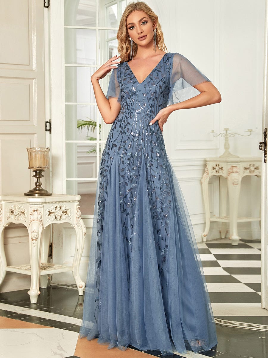 Elegant Shimmery V Neck Evening Gown with Ruffle Sleeves