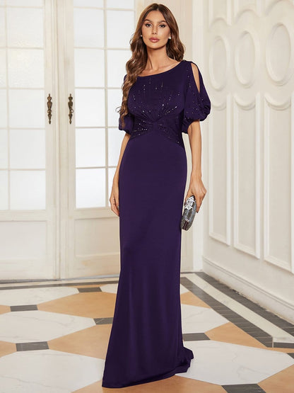 Elegant Silver Embellished A-Line Evening Dress
