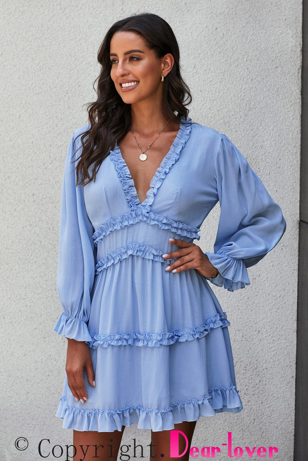 Elegant Sky Blue V Neck Sheath Dress with Ruffle Detailing