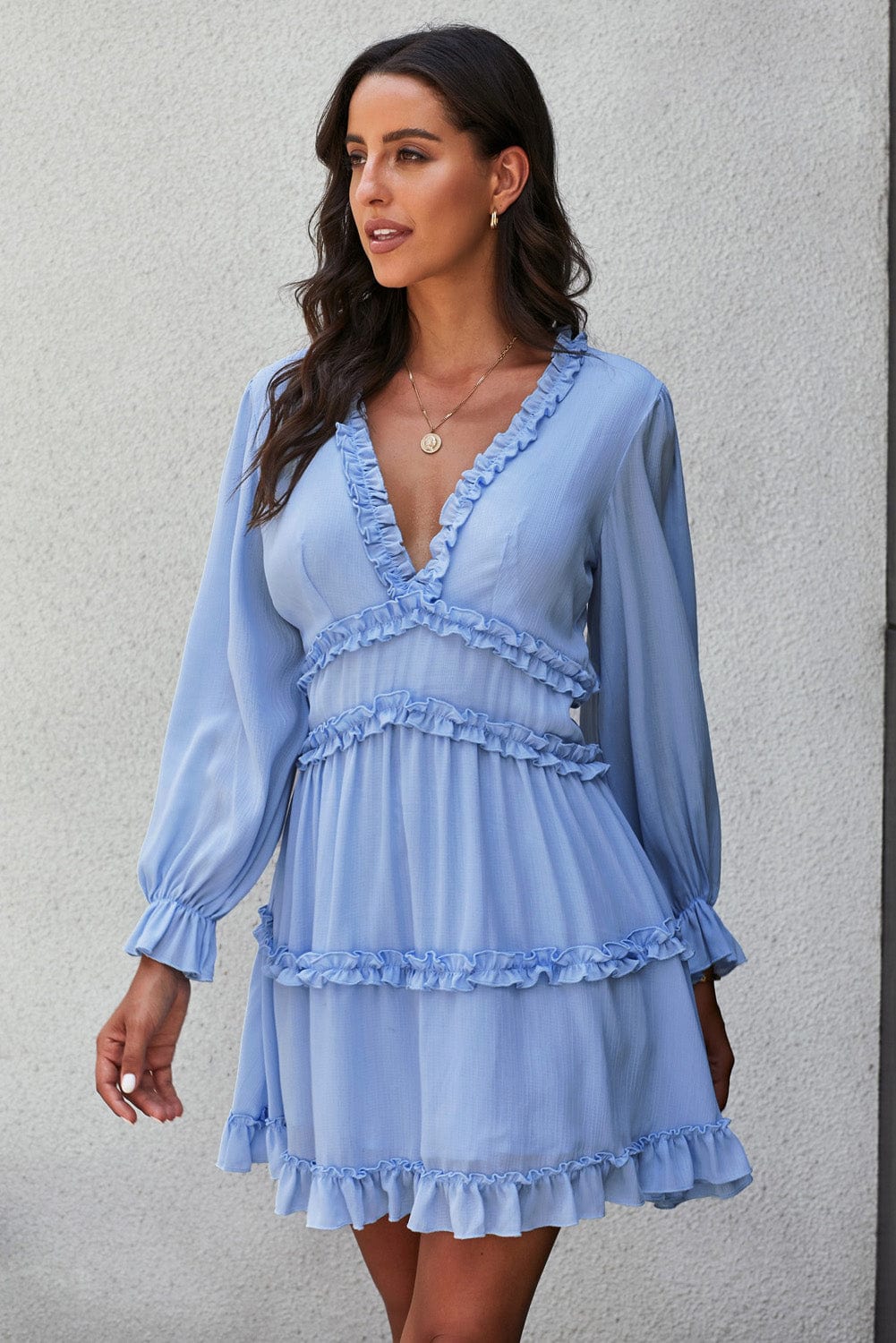 Elegant Sky Blue V Neck Sheath Dress with Ruffle Detailing