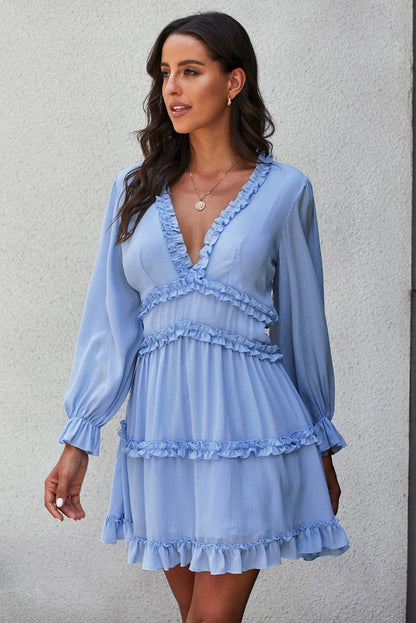 Elegant Sky Blue V Neck Sheath Dress with Ruffle Detailing