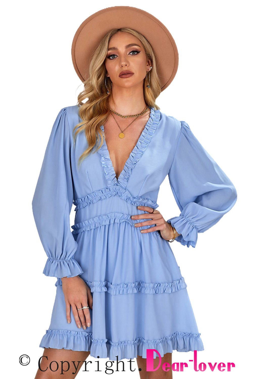 Elegant Sky Blue V Neck Sheath Dress with Ruffle Detailing