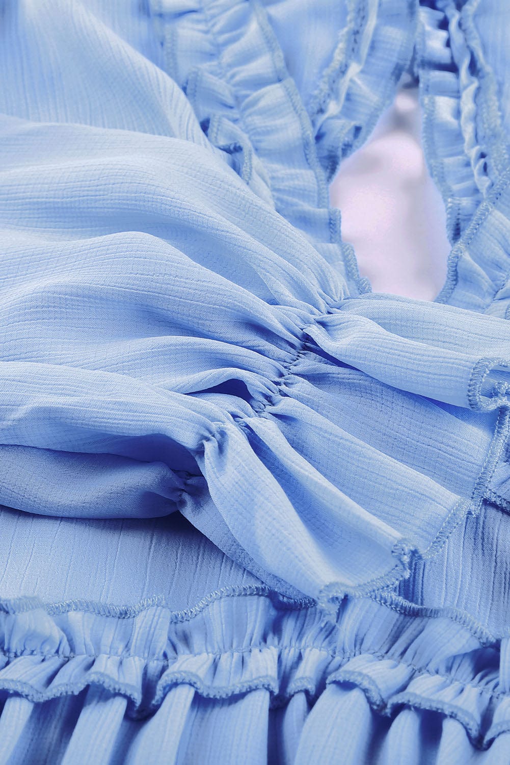 Elegant Sky Blue V Neck Sheath Dress with Ruffle Detailing