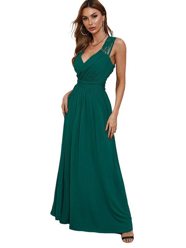 Elegant Sleeveless Backless Deep V Dress with Pleated Waist
