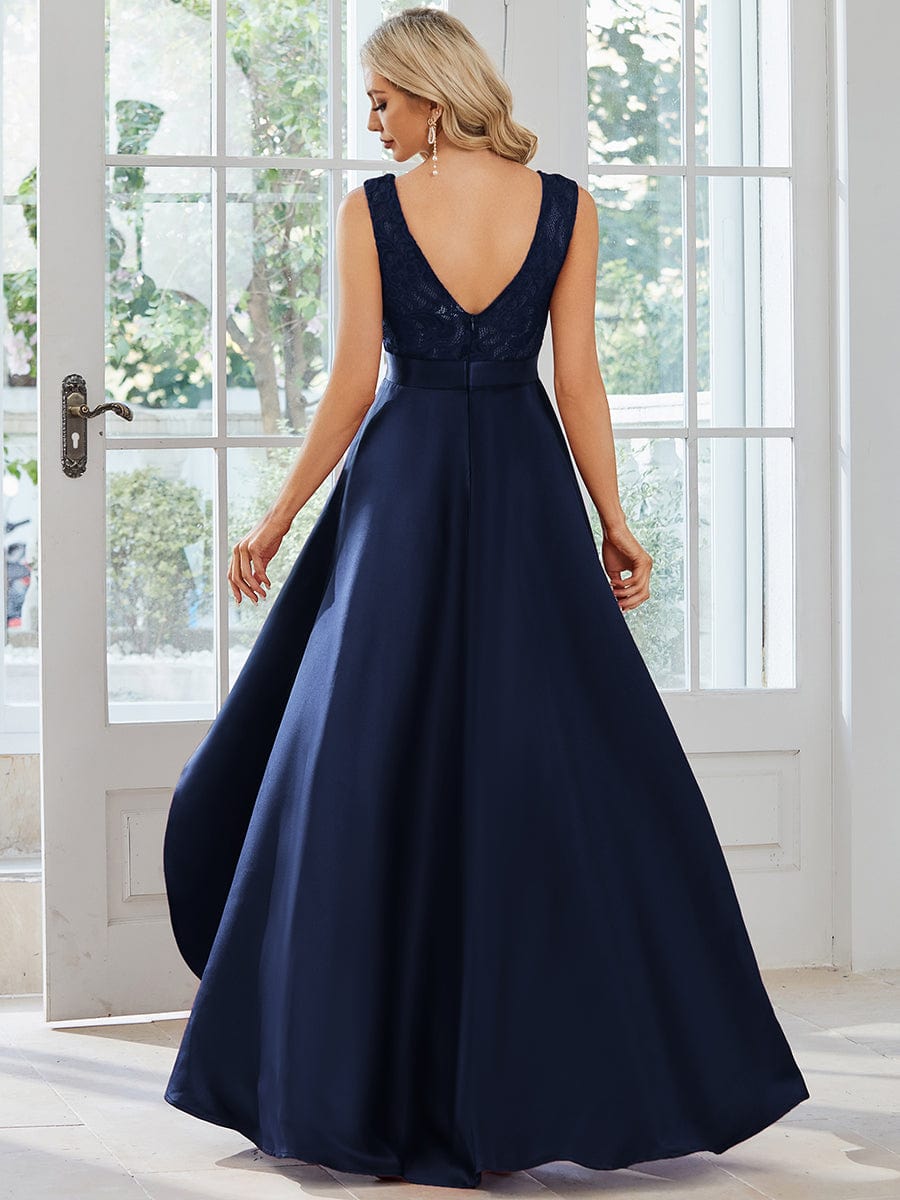 Elegant Sleeveless High Low Lace & Stain Evening Gowns