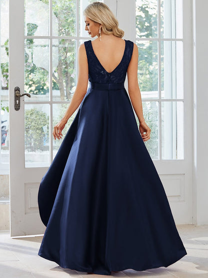 Elegant Sleeveless High Low Lace & Stain Evening Gowns