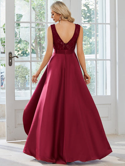 Elegant Sleeveless High Low Lace & Stain Evening Gowns