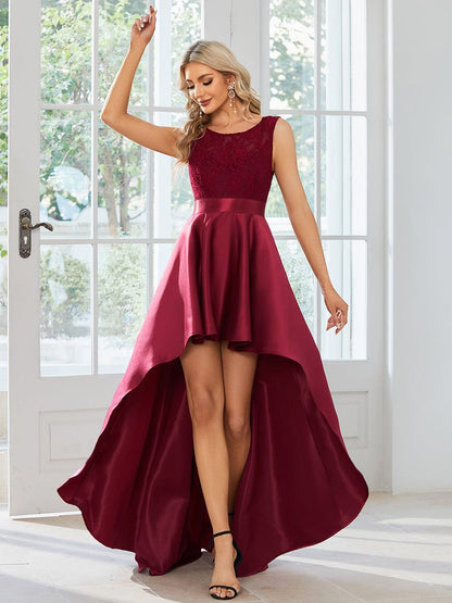 Elegant Sleeveless High Low Lace & Stain Evening Gowns