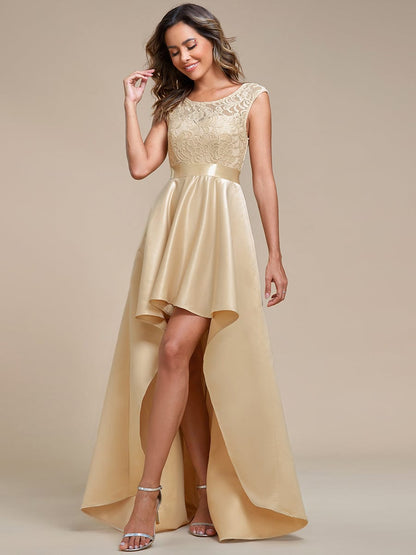 Elegant Sleeveless High Low Lace & Stain Evening Gowns