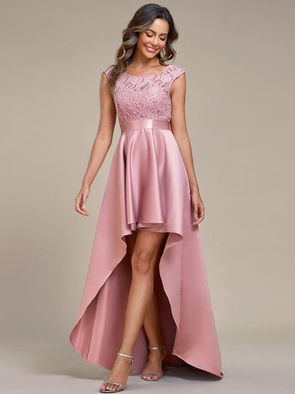 Elegant Sleeveless High Low Lace & Stain Evening Gowns