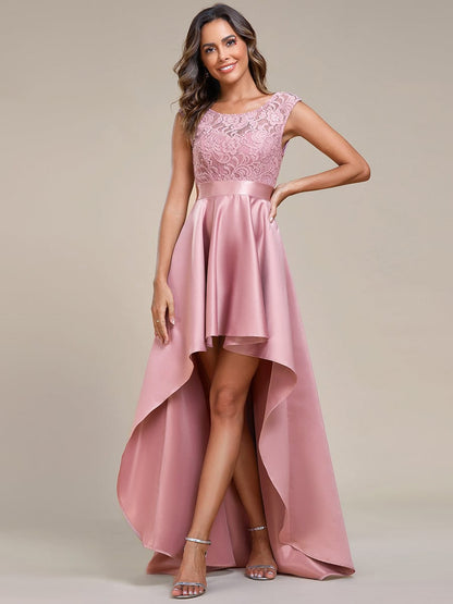 Elegant Sleeveless High Low Lace & Stain Evening Gowns