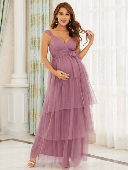 Elegant Sleeveless Maternity Dress with Ruffle Detail