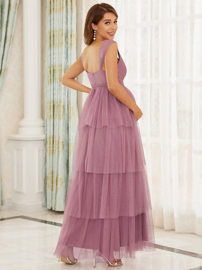 Elegant Sleeveless Maternity Dress with Ruffle Detail