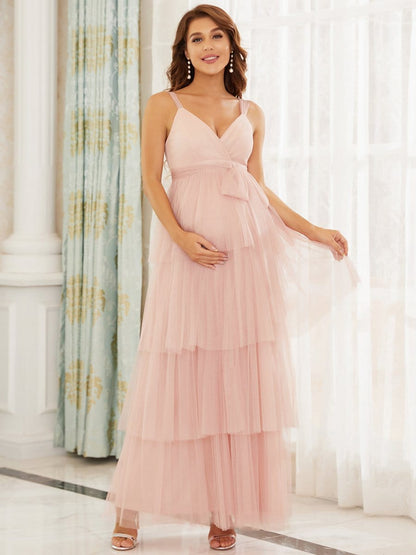 Elegant Sleeveless Maternity Dress with Ruffle Detail