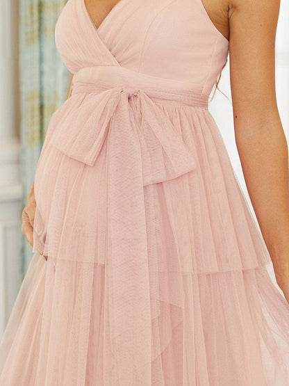 Elegant Sleeveless Maternity Dress with Ruffle Detail