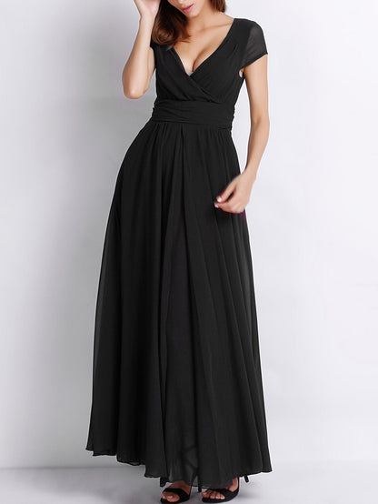 Elegant Solid Surplice Neck High Waist Short Sleeve Maxi Dress