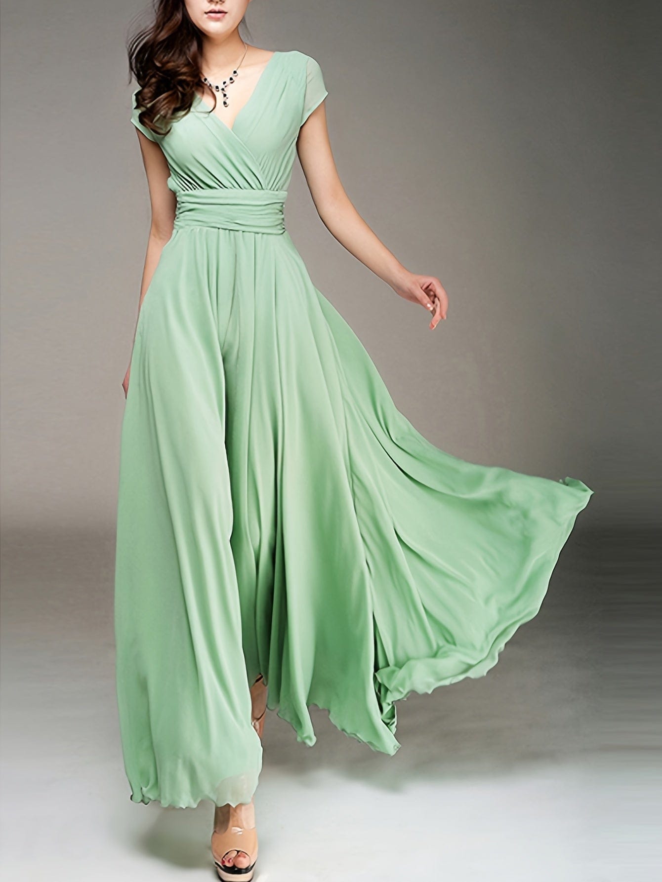 Elegant Solid Surplice Neck High Waist Short Sleeve Maxi Dress
