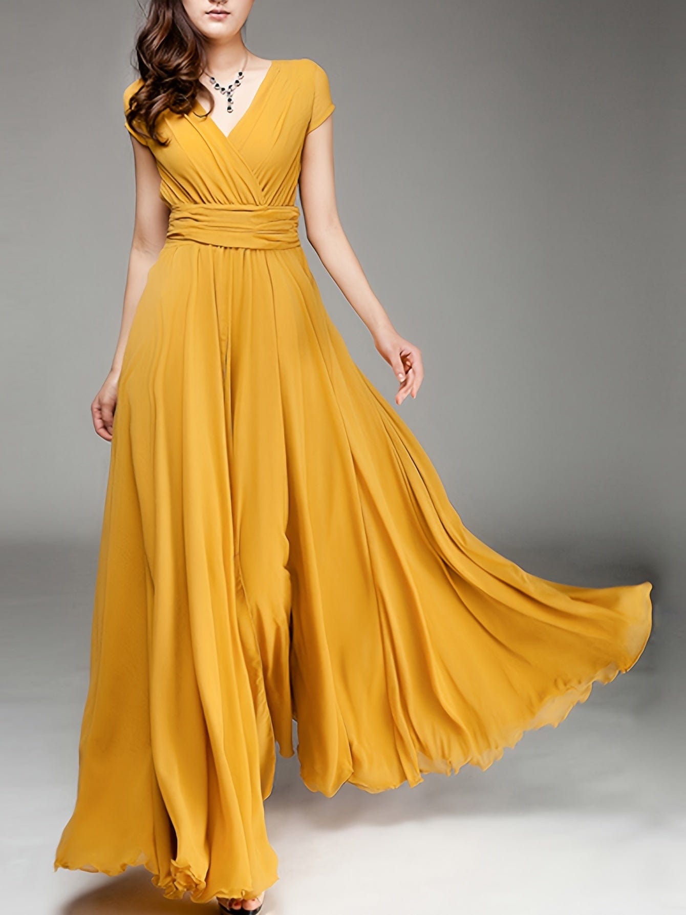Elegant Solid Surplice Neck High Waist Short Sleeve Maxi Dress