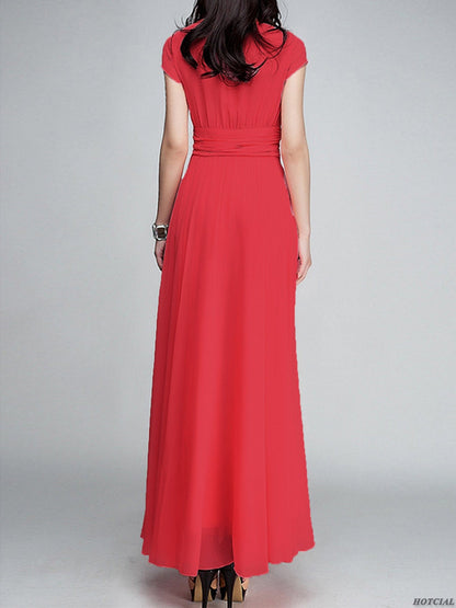 Elegant Solid Surplice Neck High Waist Short Sleeve Maxi Dress