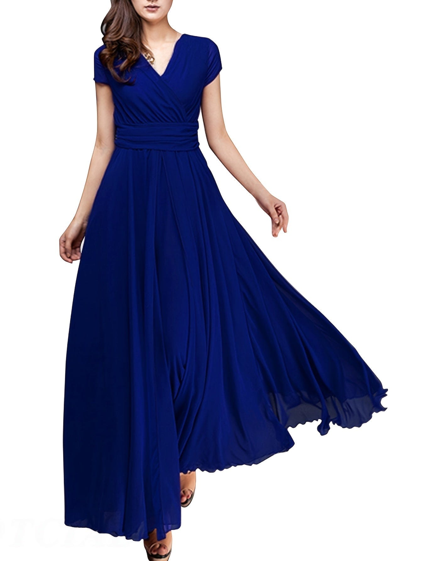 Elegant Solid Surplice Neck High Waist Short Sleeve Maxi Dress