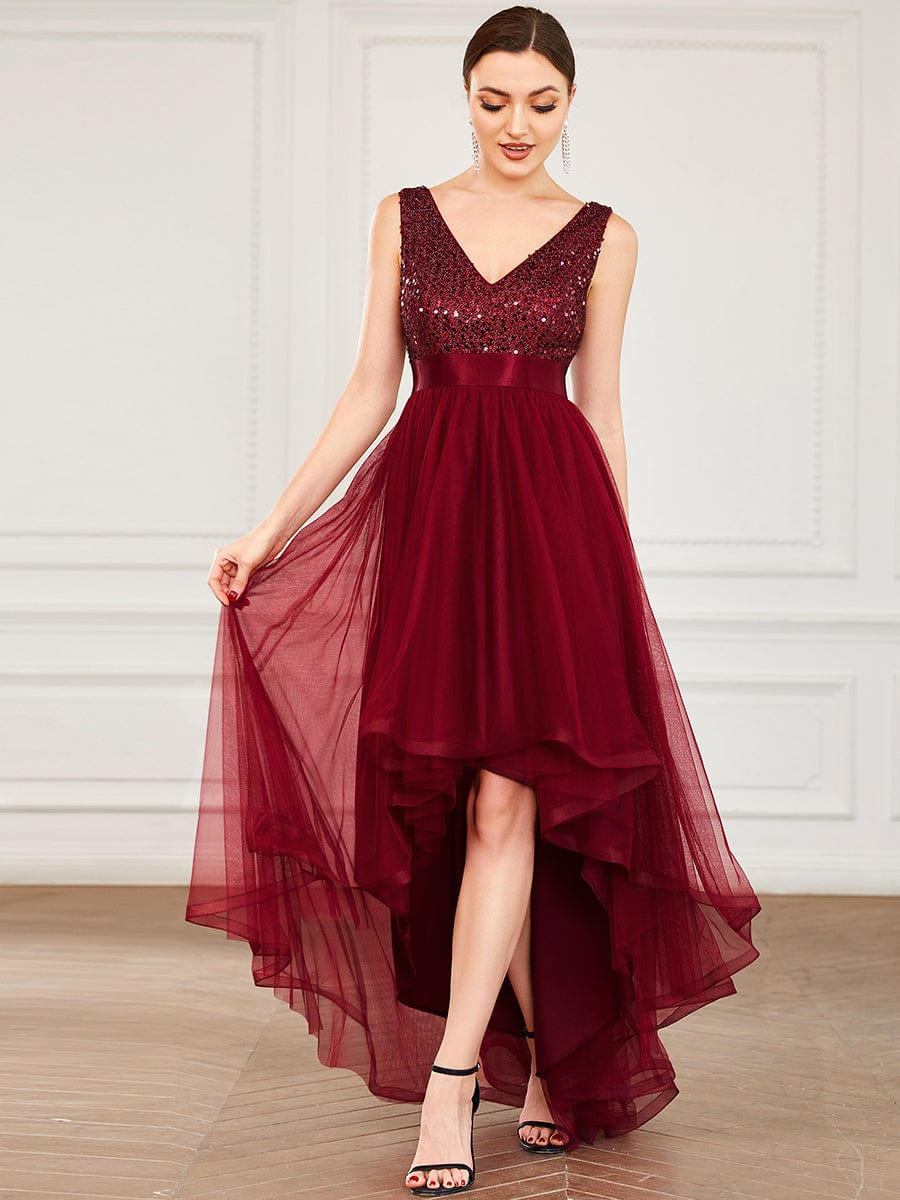 Elegant Sparkling Asymmetrical Hem Deep V Neck Evening Dress