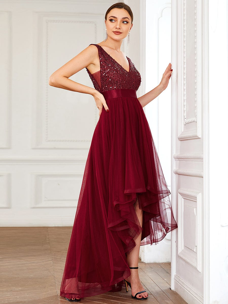 Elegant Sparkling Asymmetrical Hem Deep V Neck Evening Dress